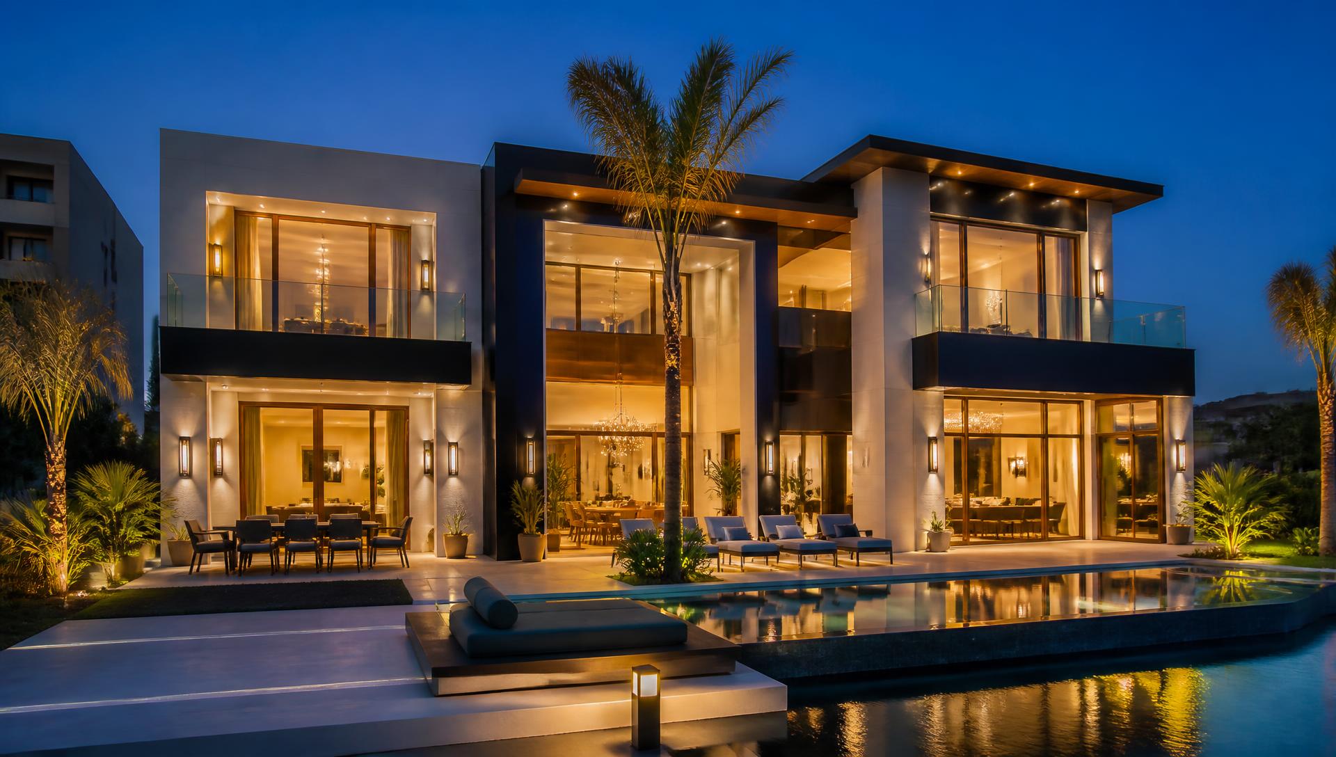 Luxury villa at dusk with golden interior lighting